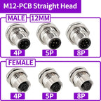 5/20 PCS M12 12mm Connector Aviation Panel Back/Front Mount Flange Socket Sensor Connector IP67 Waterproof Straight/Right Angle