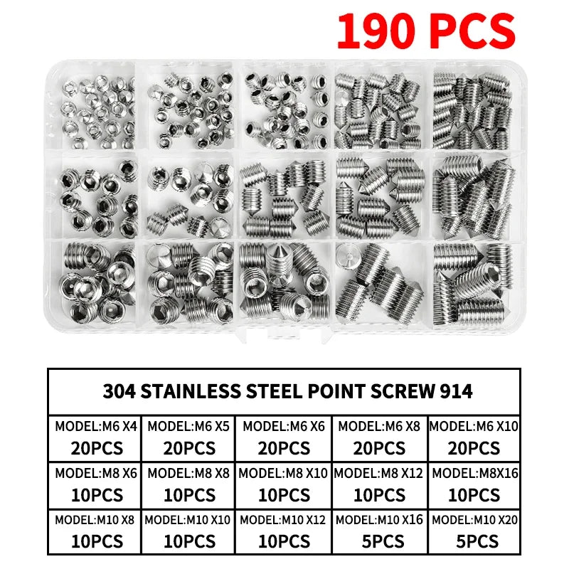 DIN914 304 Stainless Steel Hex Socket Point Grub Screws Set with M3, M4, M5, M6, M8, M10 Sizes - High - Hardness Assortment