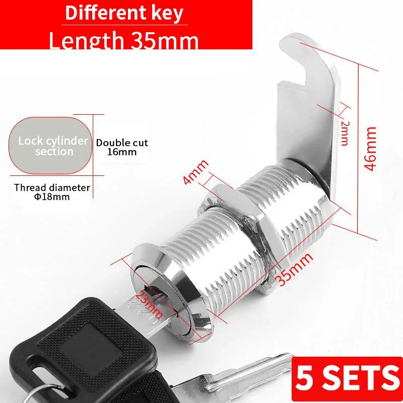 Cabinet Cam Lock Set, 5 Pack Two-Sided Keyed Alike 16MM-30MM Cylinder Cam Locks Secure Mailbox File Drawer Compartment Lock