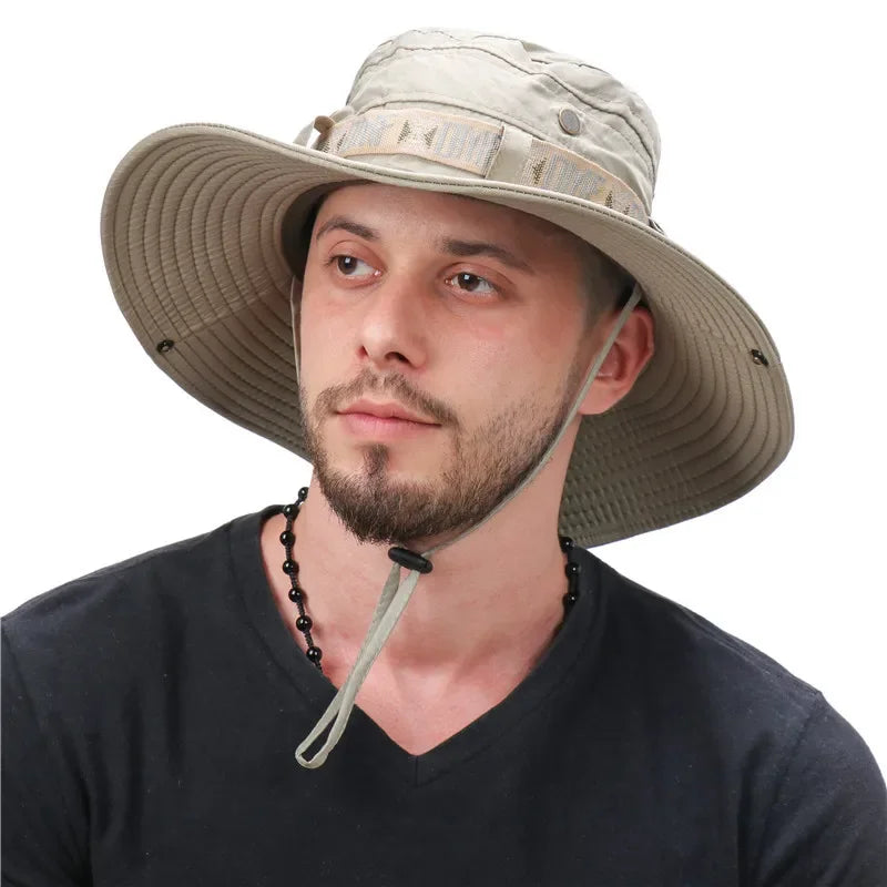 Summer Men Outdoor UV Protection Wide Brim Hiking Hat Mesh Fisherman Hat Beach Sunscreen Cap Summer Bucket Hats Men Amagi