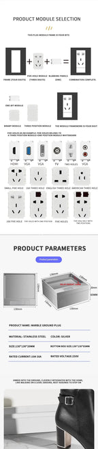 Hidden Floor Socket with USB Charging Ports, 304 Stainless Steel Underground Power Outlet, EU FR BR IL IT Standard, 130×130mm