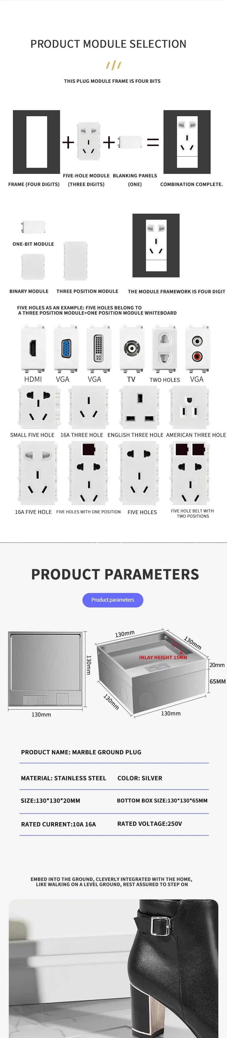 Hidden Floor Socket with USB Charging Ports, 304 Stainless Steel Underground Power Outlet, EU FR BR IL IT Standard, 130×130mm
