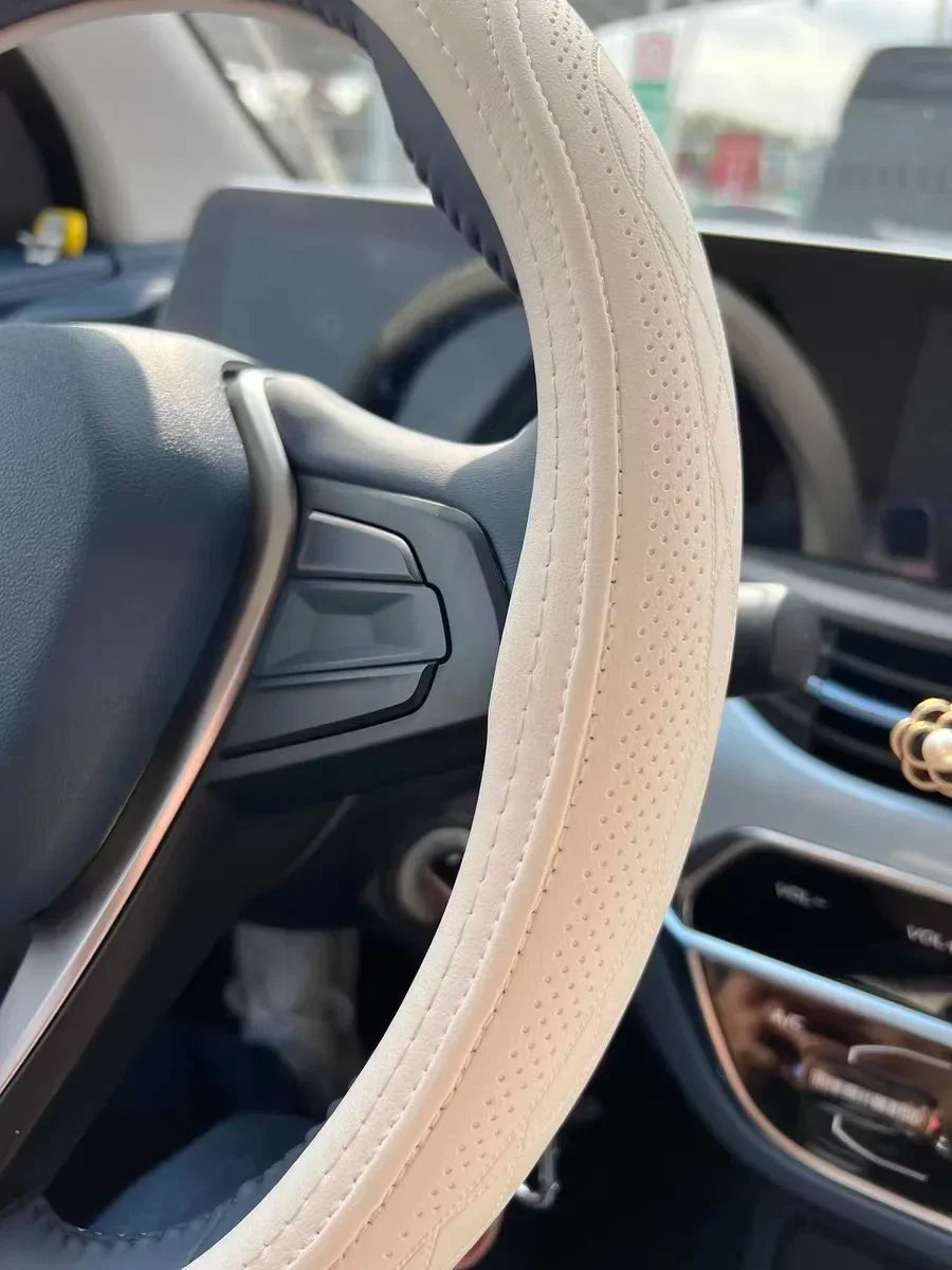Napa Leather Perforated Patchwork Car Steering Wheel Cover, Non-slip, Breathable, Universal 15 Inch (Approx. 38.1cm) Amagi