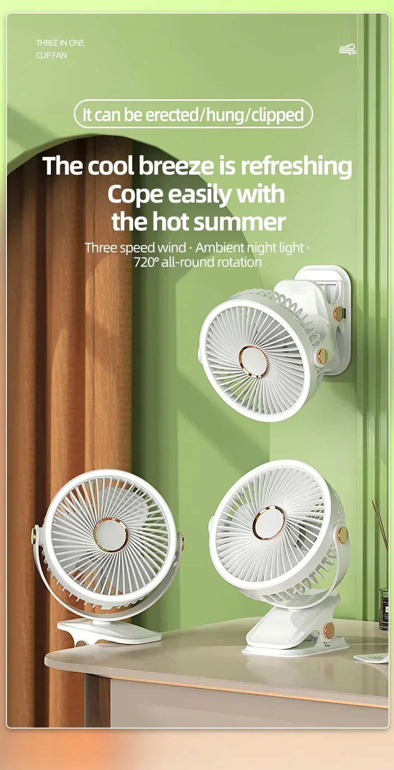 Clip-on Fan Quiet Rechargeable Desktop Portable Air Circulator Wireless Fan With LED Light For Camping Amagi