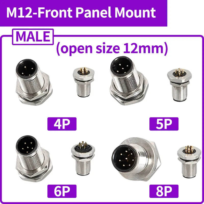 5/20 PCS M12 12mm Connector Aviation Panel Back/Front Mount Flange Socket Sensor Connector IP67 Waterproof Straight/Right Angle