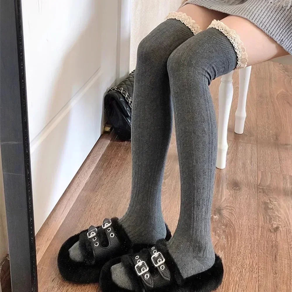 Knitted Lace Thigh High Stockings for Women Girls Casual Long Socks Sexy Tube Legging Lolita Over The Knee Leg Warmer Amagi