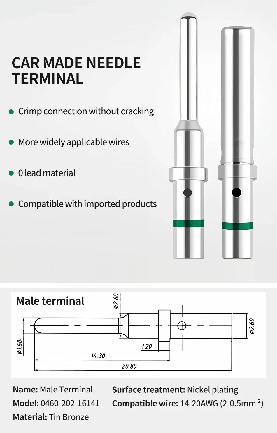 50Pcs DT 1.5mm Series Pin Contact 0462-201-16141 0460-202-16141,Stainless Steel 16AWG Deutsch Crimp Solid Female/male Terminals