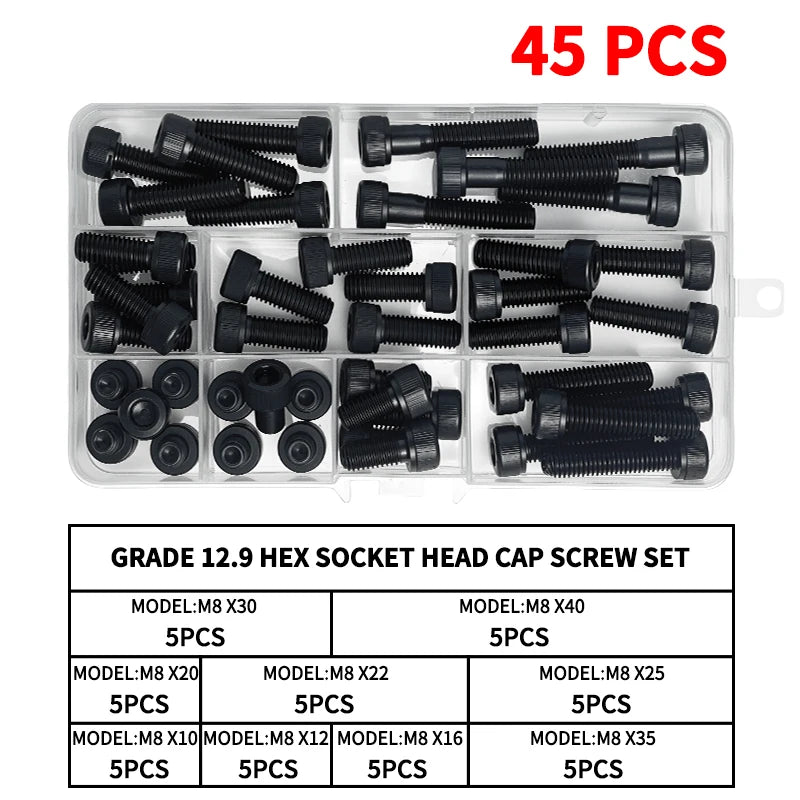 Grade 12.9 Carbon Steel Socket Head Cap Screws Kit, M3 M4 M5 M6 M8 Assortment, High Tensile Hex Bolts, Rust Resistant, Allen Key