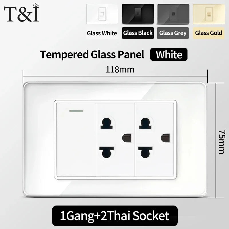 118x75mm Tempered Glass US-Thai Socket: Dual USB-C Ports & 2 AC Outlets for 110V, Scratch-Resistant Panel