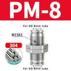 PM Type 304 Stainless Steel Bulkhead Pneumatic Connector, Push-In Hose Fitting 4mm–16mm for Air, Gas and Fluid Pipe Connection
