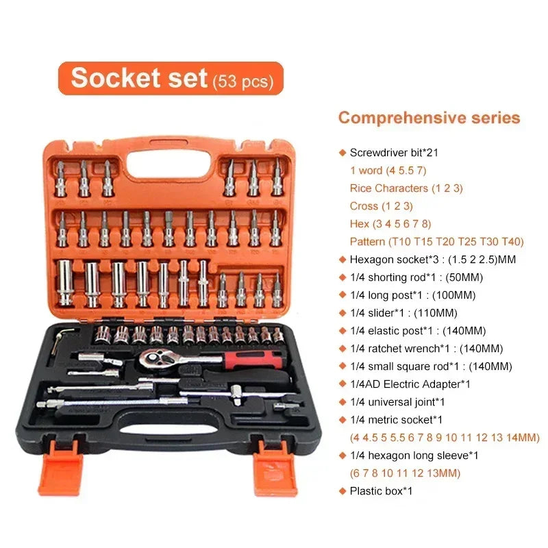 46/53Pcs Socket Wrench Set Quick Ratchet Wrench Screwdriver Toolbox Durable Belt Storage Easy to Carry for Car Bicycle Motorcycl