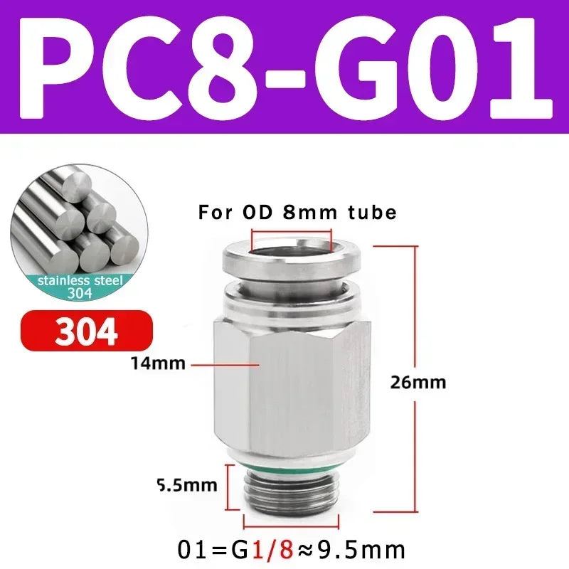 Stainless Steel PC-G Pneumatic Push-In Fitting, Straight Male G Thread Air Tube Connector for Air Compressor & Pneumatic Systems