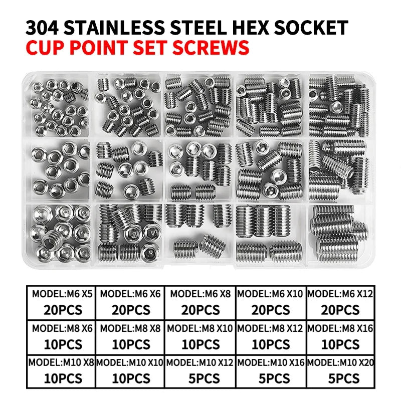 304 Stainless Steel Grub Screws Assortment Kit, Hex Socket Cup Point Set Screws with Allen Key,M3–M10 DIN916 Precision Fasteners