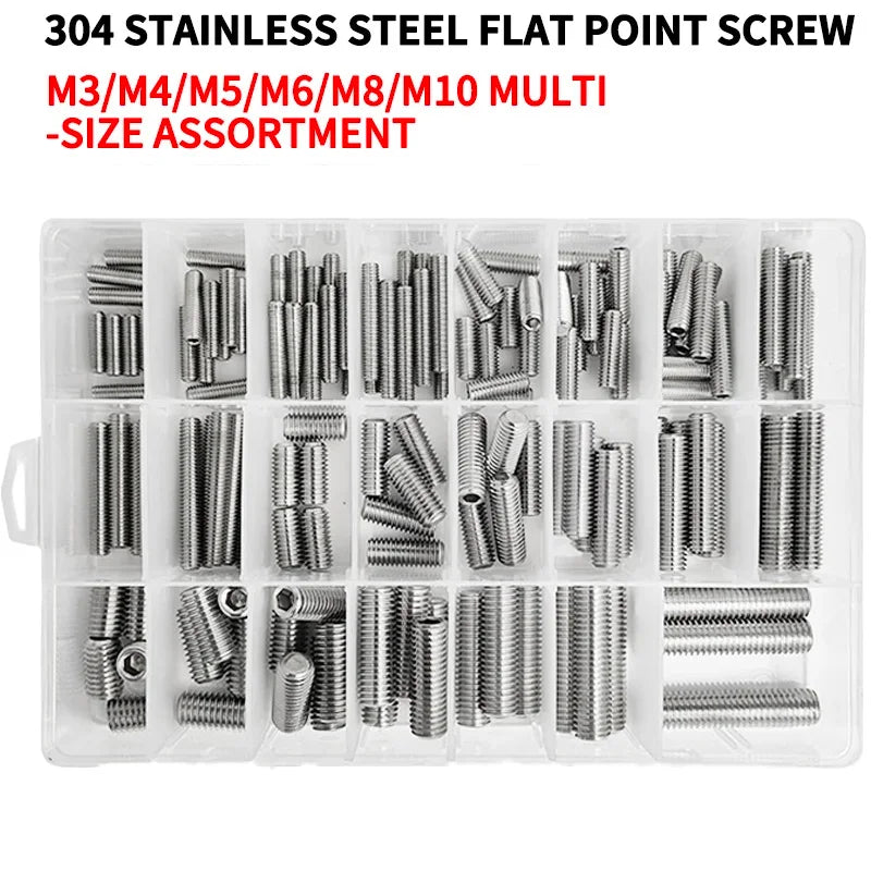 M3 - M10 Sizes DIN913 Hex Socket Allen Flat Point Grub Bolt Assortment - Black Steel & 304 Stainless Steel Mix