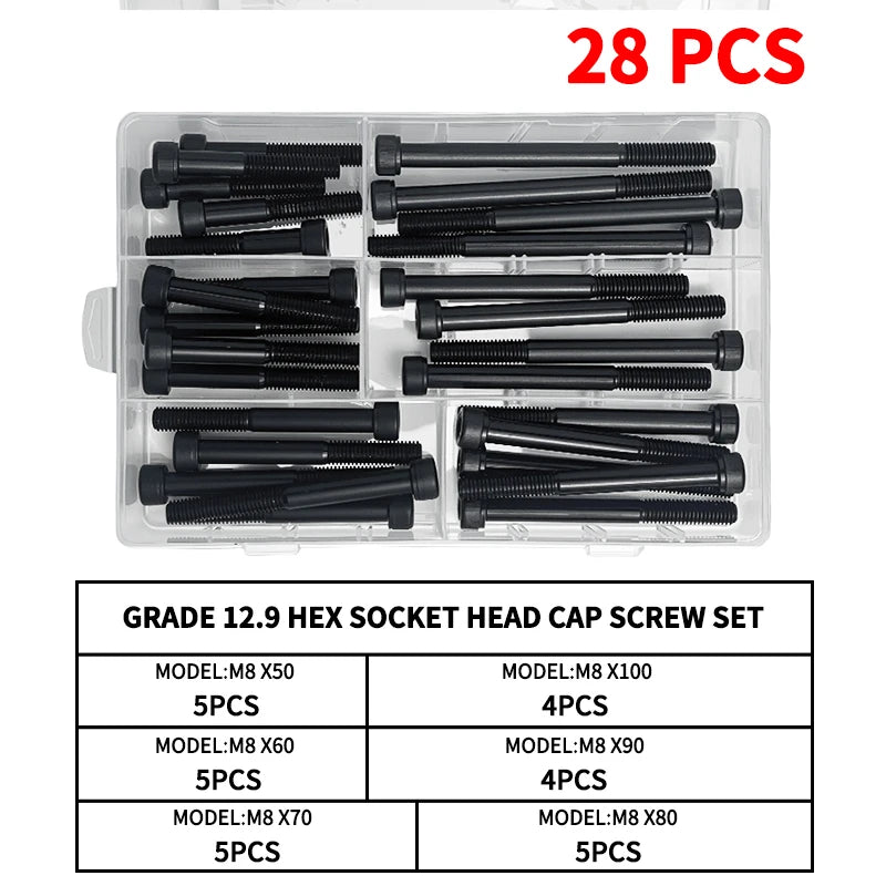 Grade 12.9 Carbon Steel Socket Head Cap Screws Kit, M3 M4 M5 M6 M8 Assortment, High Tensile Hex Bolts, Rust Resistant, Allen Key