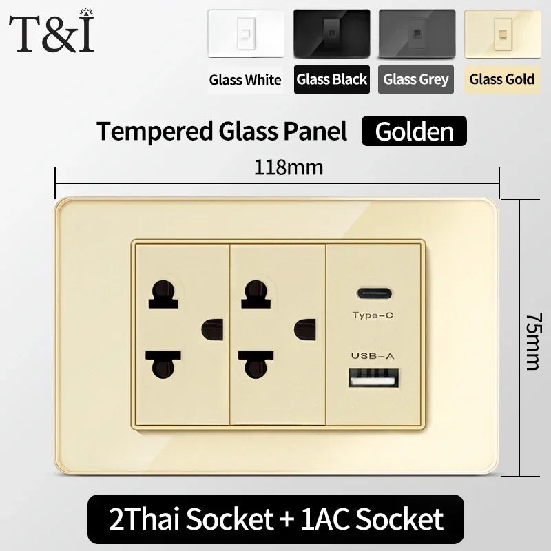 118 Series Glass Panel Wall Switch Socket, US Mexico Standard, USB and Type-C Charging Ports, 1/2/3/4 Gang Options