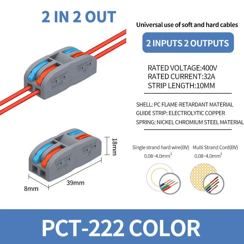 10/1000PCS Mini Fast Wire Connector Universal Wiring Cable Connector Push-in Conductor Terminal PCT-222/224 SPL-42/62 SPL-2/3/1