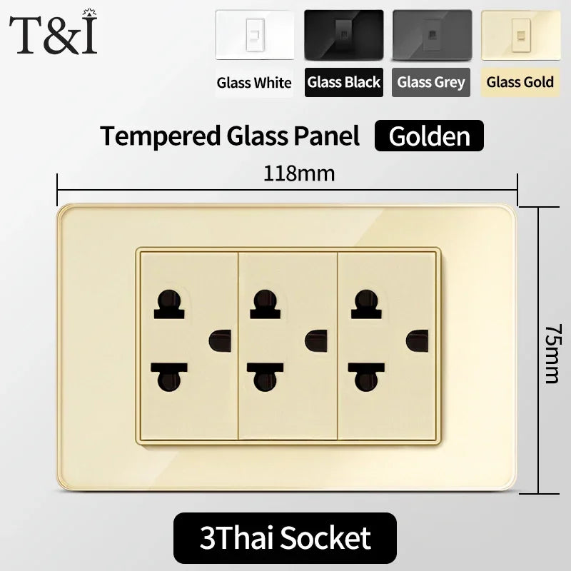 118 Series Glass Panel Wall Switch Socket, US Mexico Standard, USB and Type-C Charging Ports, 1/2/3/4 Gang Options