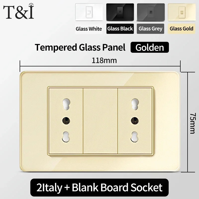 118-Style EU/CL Dual Socket with USB-C PD 20W - Tempered Glass Italy & Chile Outlet for Home/Office