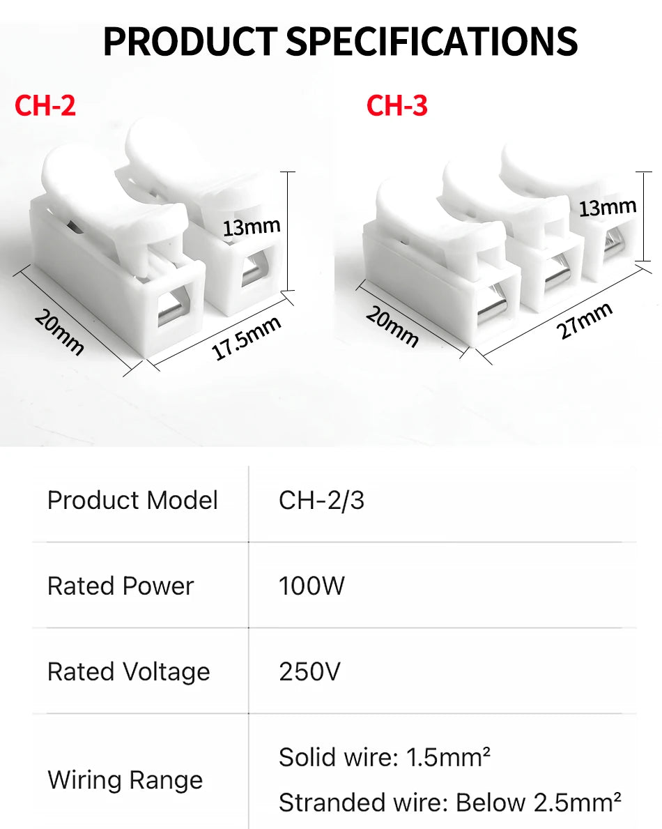 100PCS CH2 CH3 Quick Push Wire Connector, 2Pin 3Pin Spring Loaded Terminal Block,Flame Retardant Electrical Connector for Wiring