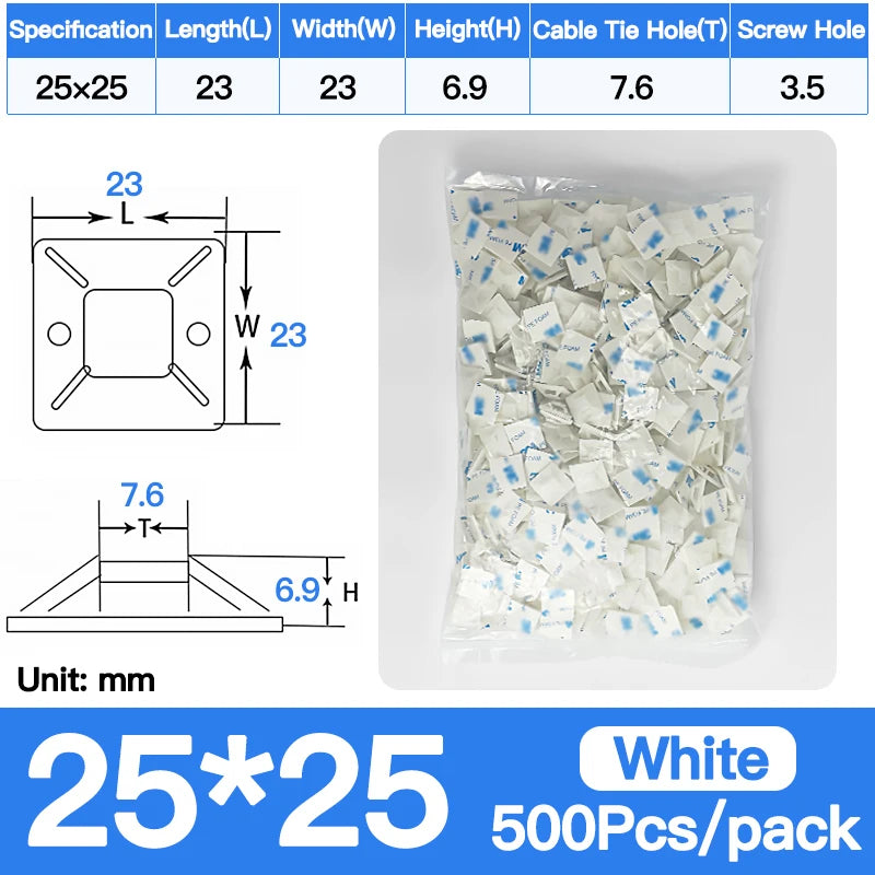 250/500/1000PCS Self-Adhesive Cable Tie Mounts, Strong Sticky Base Wire Holder Clips for Wall Fixing, Cable Routing Management
