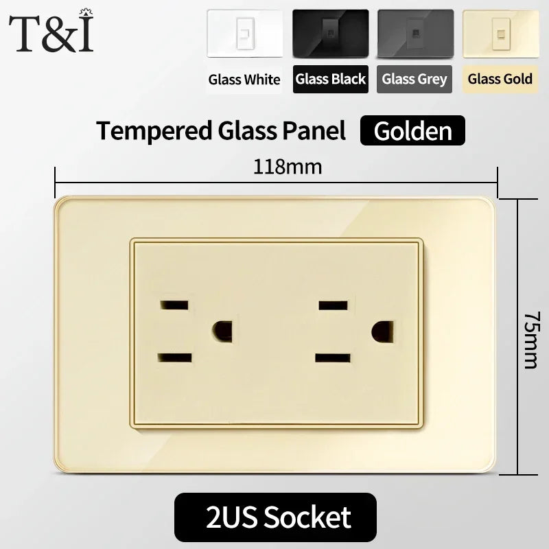 118 Series Glass Panel Wall Switch Socket, US Mexico Standard, USB and Type-C Charging Ports, 1/2/3/4 Gang Options