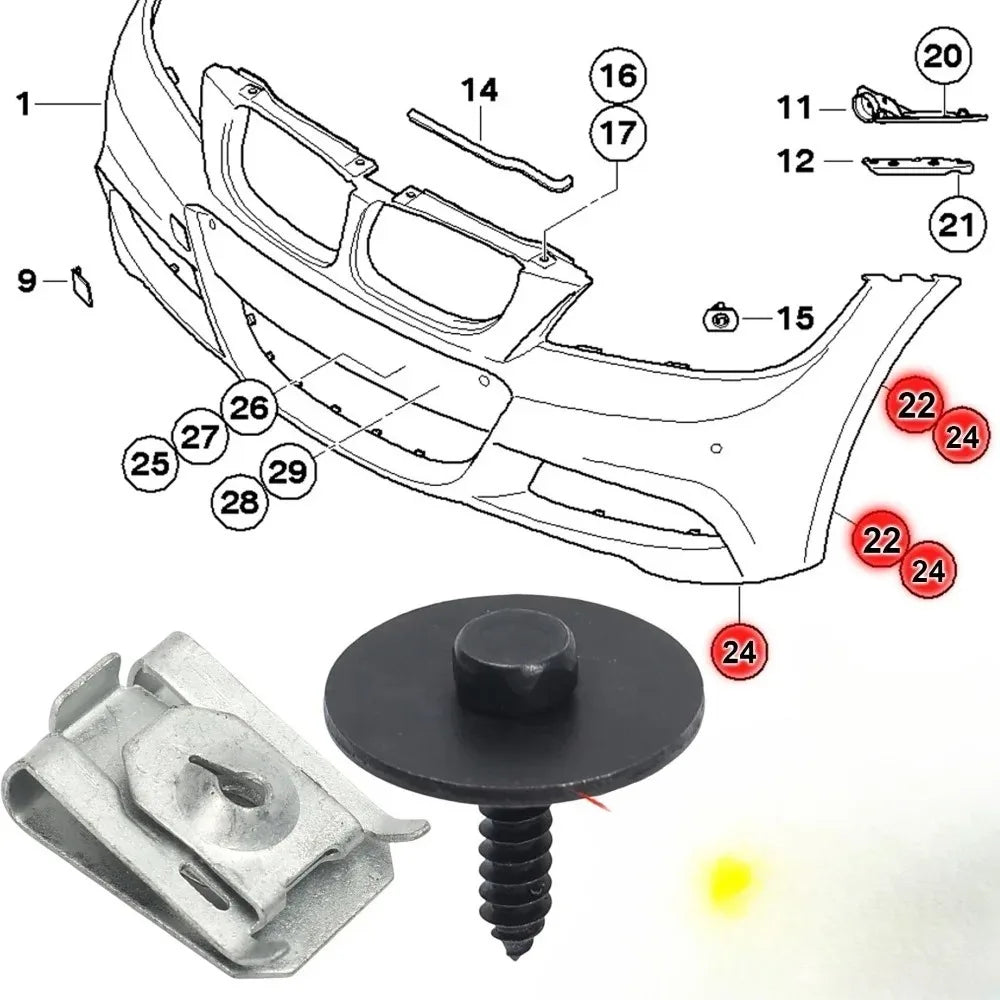 20/1set Bumper Cover Fender Splash Guard Screw and U-Shape Self-Locking Nut Kit for BMW Bumper Repair Kit 07146951655