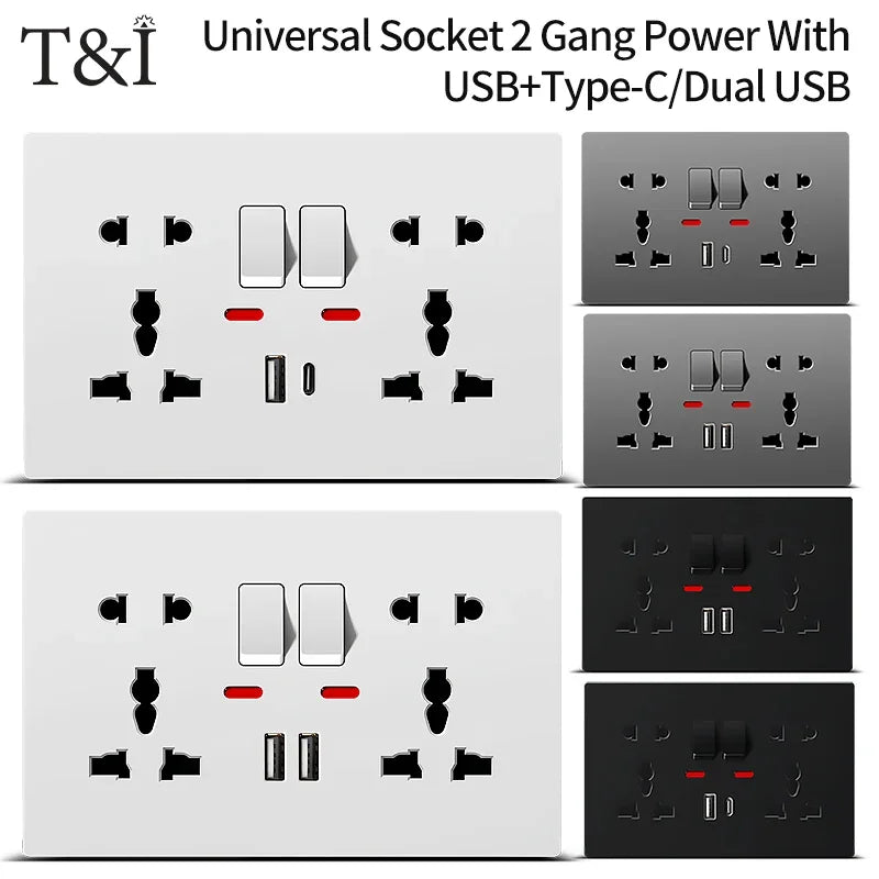 Universal Wall Socket 2‑Gang Power Outlet with Switches, USB‑C Charging Port, LED Indicator, Flush Mount, AC 110‑250V