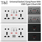 Universal Wall Socket with USB-C and USB Charger, 2 Gang Power Outlet with Switches, Flush Mount AC 110–250V for Home Office Use