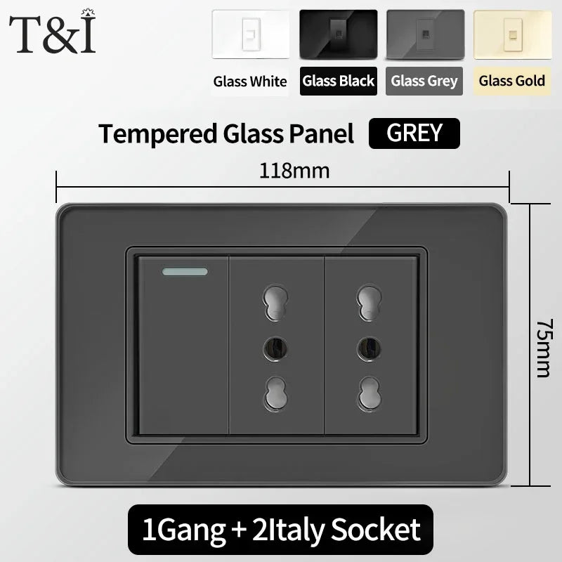 T&I Wall Switch Sockets with USB-C Fast Charging - Italy Socket, Chile Schuko Outlet & Tempered Glass Panel for Home Use