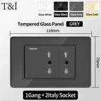 T&I Wall Switch Sockets with USB-C Fast Charging - Italy Socket, Chile Schuko Outlet & Tempered Glass Panel for Home Use