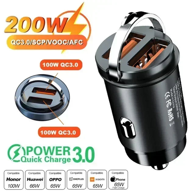 200/100W Mini Dual Ports USB Car Charger Lighter Fast Charging Phone Charger Adapter for IPhone 13 12 Xiaomi Huawei Samsung Amag