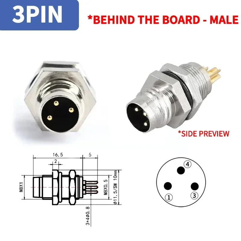 M8 Sensor Connector Panel Back Mount Waterproof Flange Socket Threaded Coupling Male&Female 3Pin 4Pin 5Pin A Type