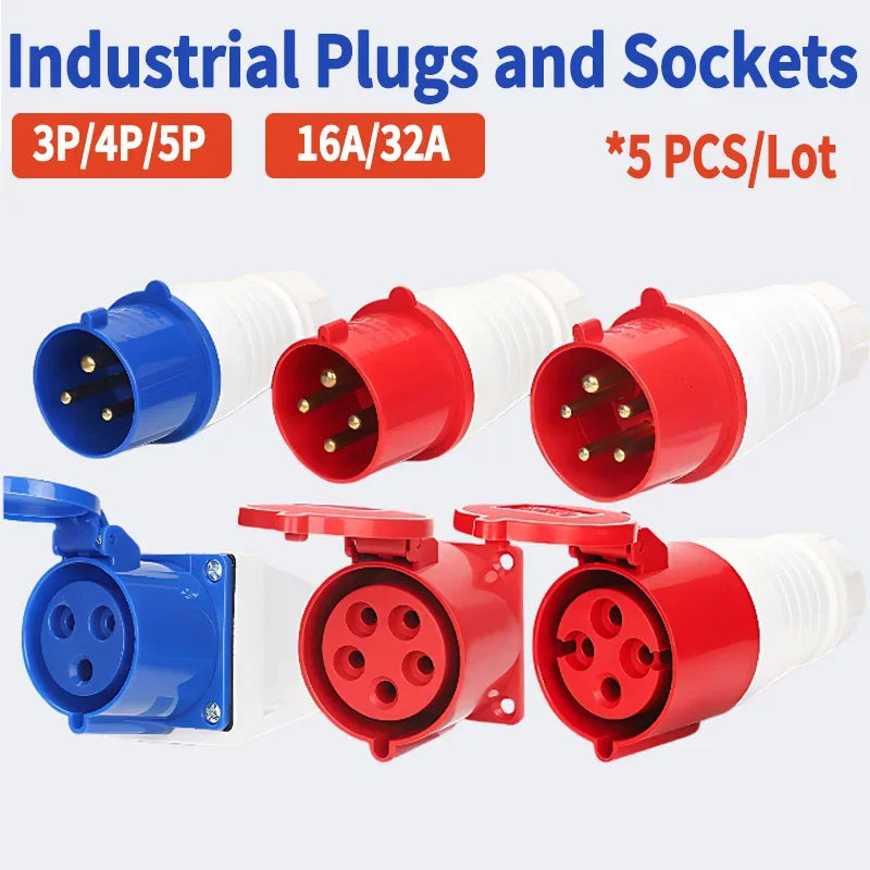 5Pcs Industrial Plug and Socket Waterproof Connector 3PIN 4PIN 5PIN 16A/32A  Waterproof Electrical Connection Wall Mount Socket