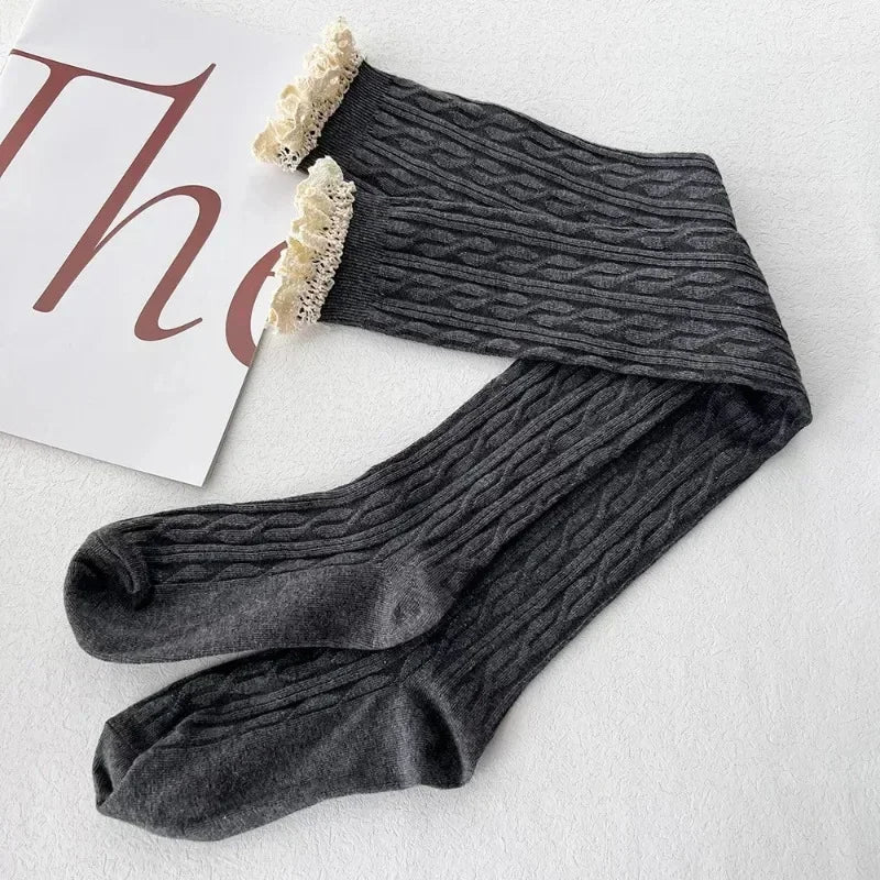 Lace Thigh High Stockings Women Sweet Girls Casual Trendy Over The Knee Leg Warmer Sexy Tube Legging Lolita Long Socks Amagi