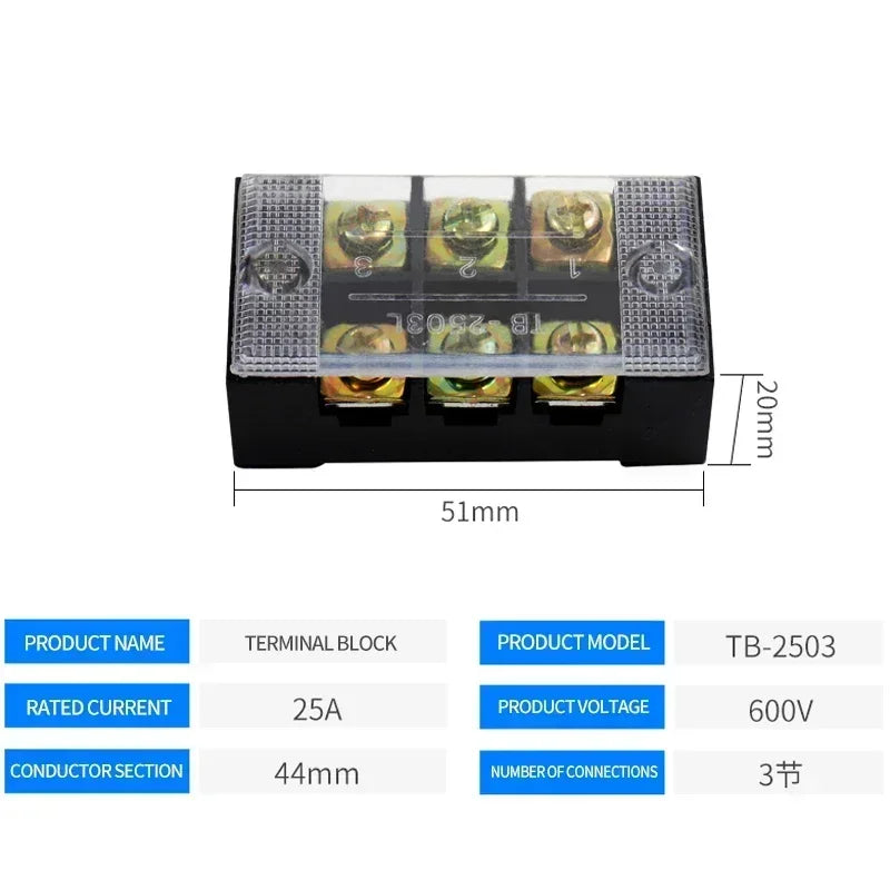 15A/25A/45A 600V Dual Row Barrier Terminal Block TB Series (3-12 Positions) Screw Connector for Electrical Panels TB1503 TB2512