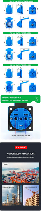 IP54 16A Outdoor Socket with Flip Cover | Euro/UK/BR Plug Waterproof for Garden & Industrial Use - Heavy Duty Explosion-Proof