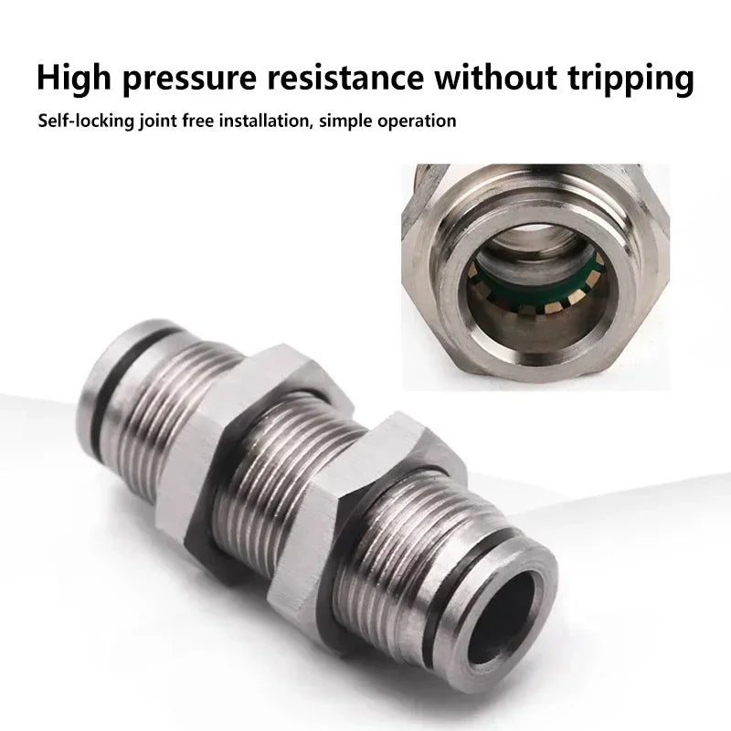 PM Type 304 Stainless Steel Bulkhead Pneumatic Connector, Push-In Hose Fitting 4mm–16mm for Air, Gas and Fluid Pipe Connection