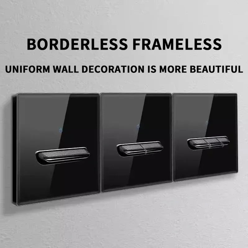 European British French Standard Tempered Glass Switch Socket with Indicator Light , Self-Reset 1 2 3 4 Gang Wall Panel Outlets