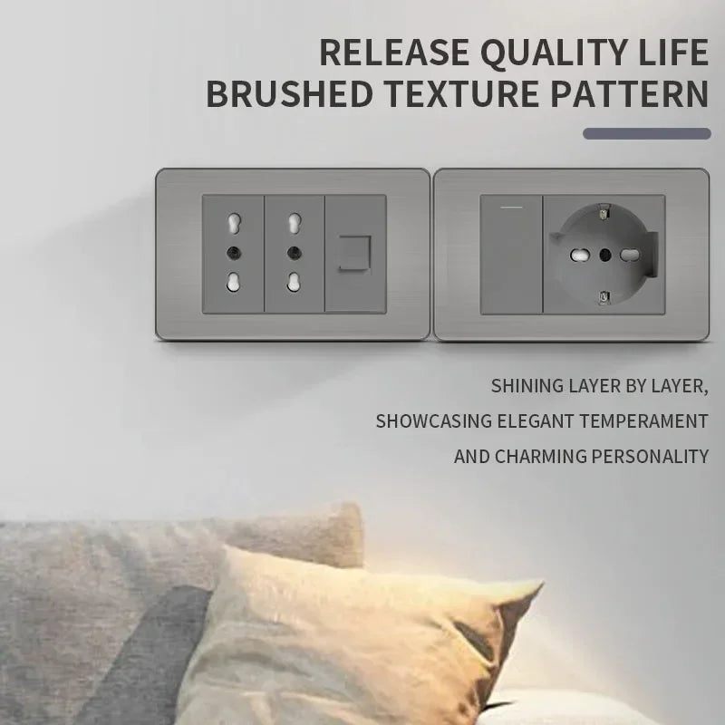 Stainless Steel Wall Socket 118x75mm Italian-Style with USB-C & Schuko Chilean Plug - Brushed Finish for Home/Office