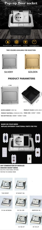 Floor Electrical Outlet Pop Up Kitchen Countertop Waterproof Sockets Pop Out Receptacle Stainless Steel Box Golden Cover 15A