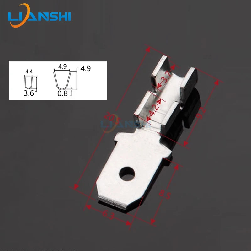 100pcs 6.3 male inserts 0.8mm thick 250 male terminals brass tinned with insulating sheath