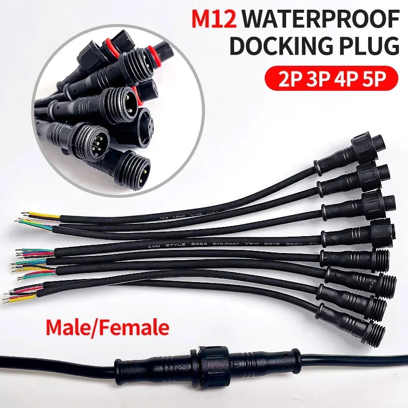 M12 Male-Female Waterproof Adapter 2/3/4/5 Pin - 20cm Length IP65 Cable Head for LED Bar/Neon Light Connection