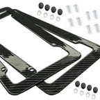 Black Carbon Fiber Pattern Plastic License Plate Frame Fiber Black Aluminum Metal Car Tag Holder Tire Screw Cap Universal Amagi