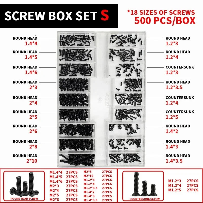 500Pcs/Box M1.2 M1.4 M2 Universal Mini Small Screws Nuts Assortment Kit For Sunglass Watch Eye Glasses Clock Laptop Repair Tools