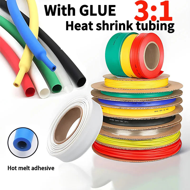 10M-200M 3:1 Heat Shrink Tubing, Dual Wall Adhesive Lined, Black/White/Red/Blue/Yellow, Waterproof Wire Cable Sleeve