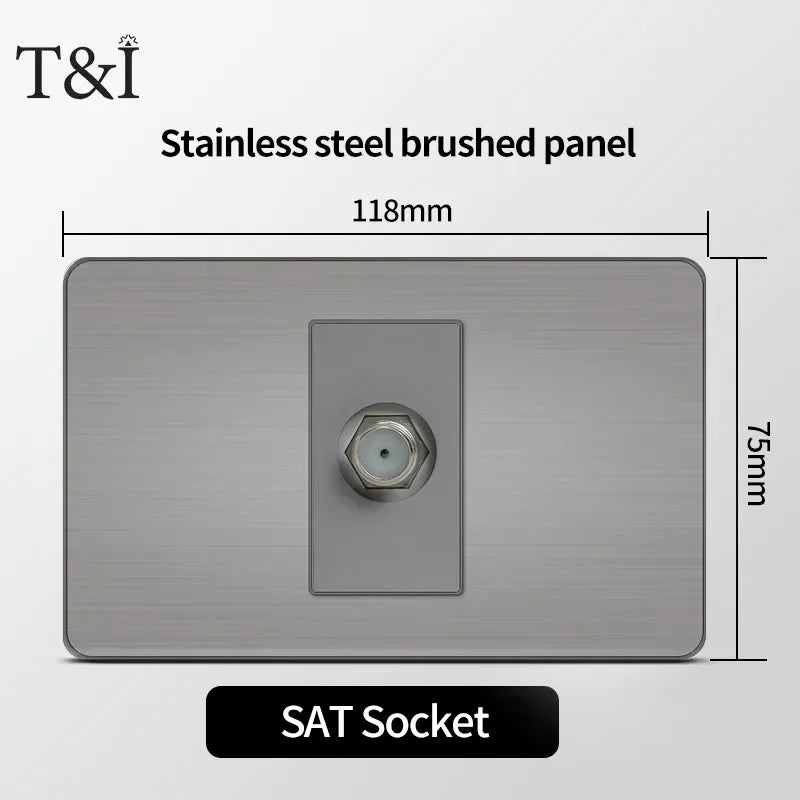 Stainless Steel Wall Socket 118x75mm Italian-Style with USB-C & Schuko Chilean Plug - Brushed Finish for Home/Office