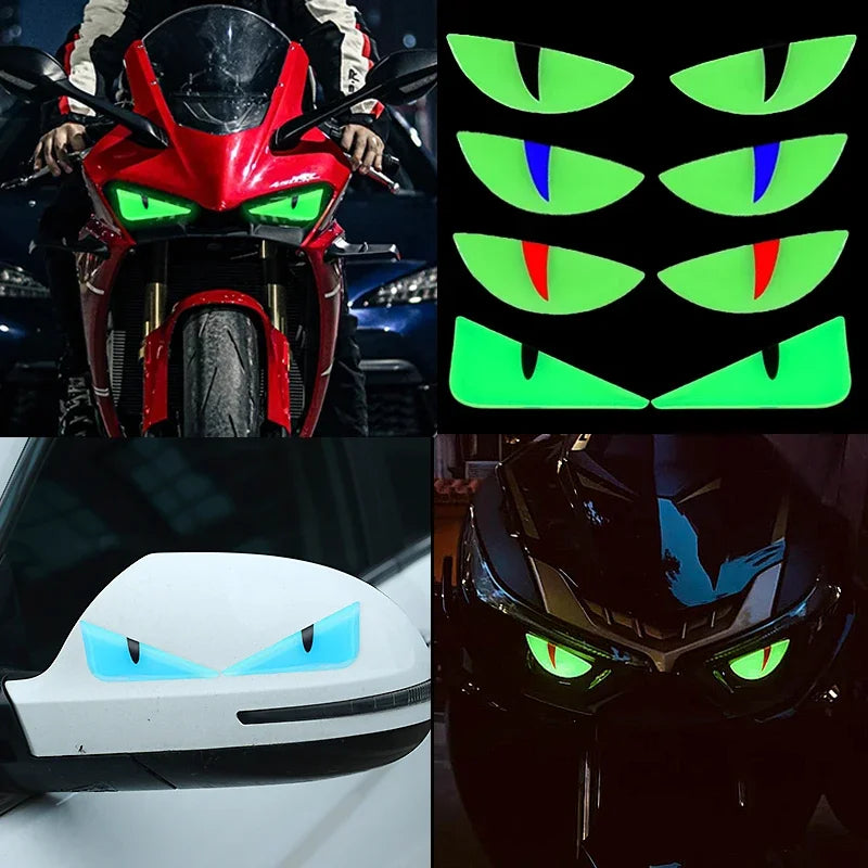 1 Pair New Motorcycle Headlight Luminous Stickers Devil Eye Dazzle Colour 3D Decals Motorbike Body Waterproof Decoration Sticker
