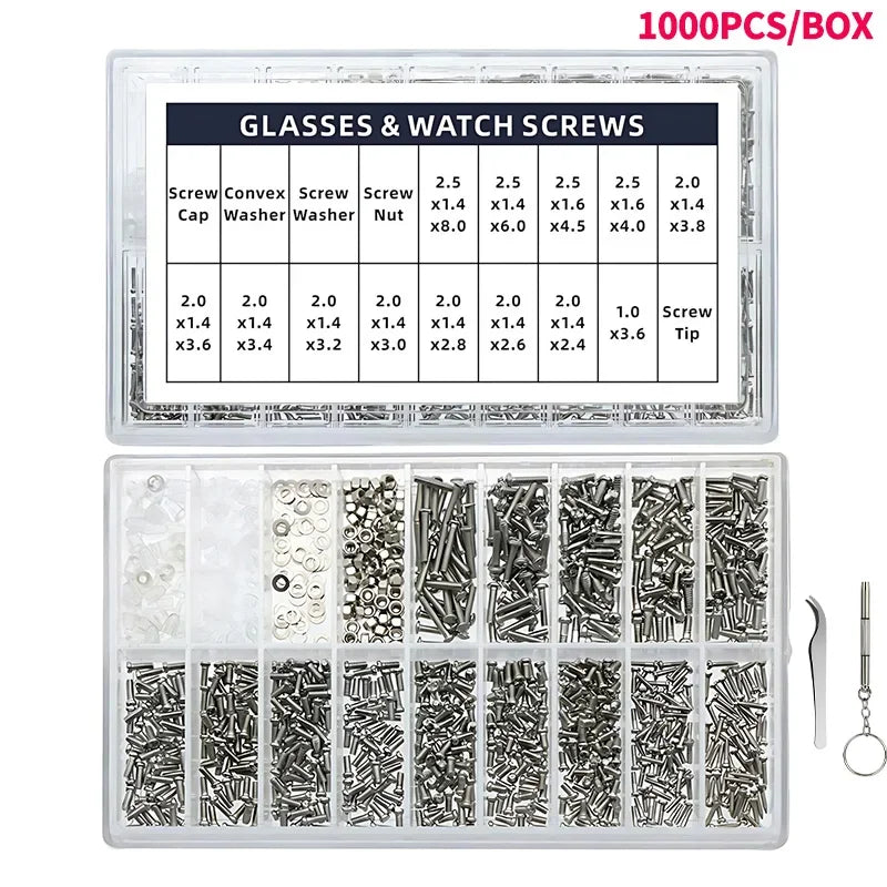Glasses Watch Repair Kit 1000pcs Screws, Dual Head Screwdrivers & Precision Tweezers Set for Eyewear Jewelry Fix Tools with Case