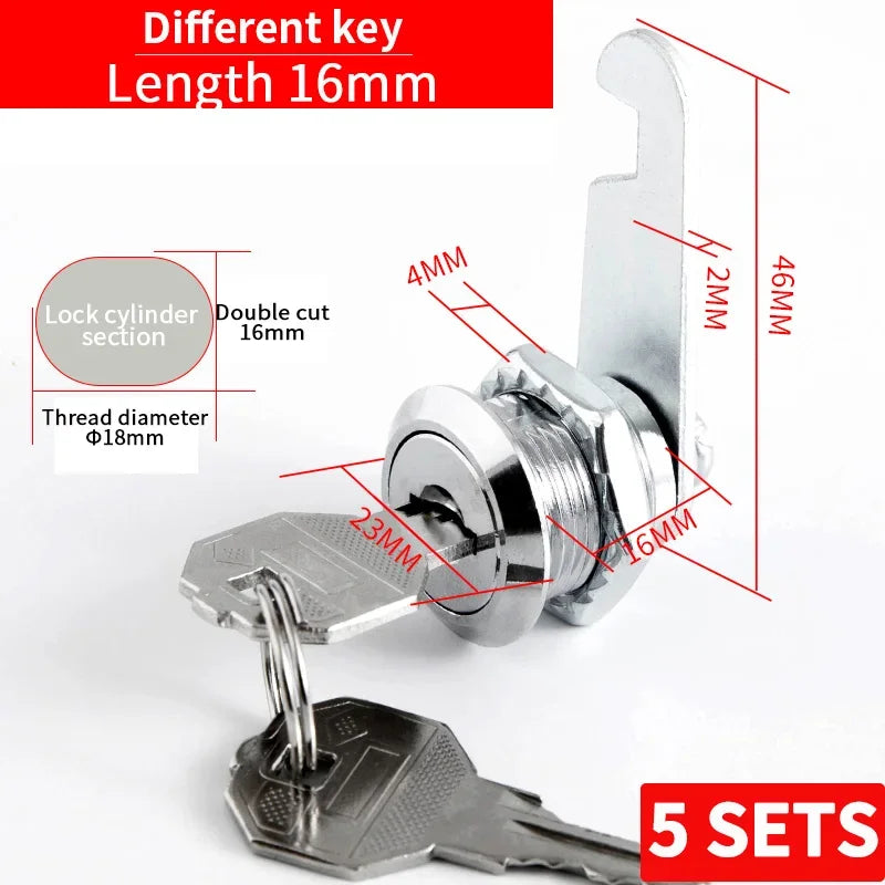 Cabinet Cam Lock Set, 5 Pack Two-Sided Keyed Alike 16MM-30MM Cylinder Cam Locks Secure Mailbox File Drawer Compartment Lock